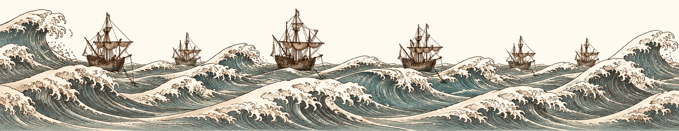 Woodblock-style waves with a fleet of caravels moored at anchor, sails furled